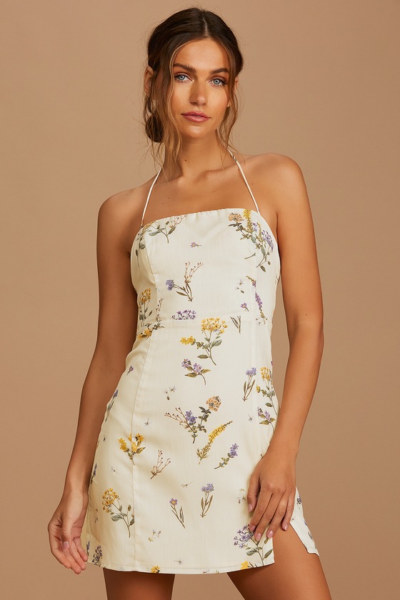 Cream Floral Print Dress - Halter Mini ...